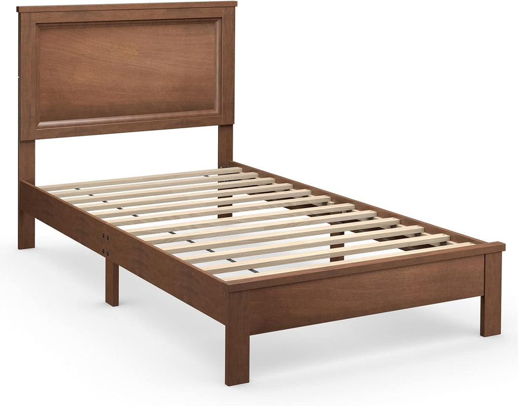 KOMFOTT Twin Size Wood Platform Bed Frame with Headboard, Wooden Mid Century Platform Bed with Slat Support & Under Bed Storage, Mattress Foundation Bed Base, No Box Spring Needed, Walnut