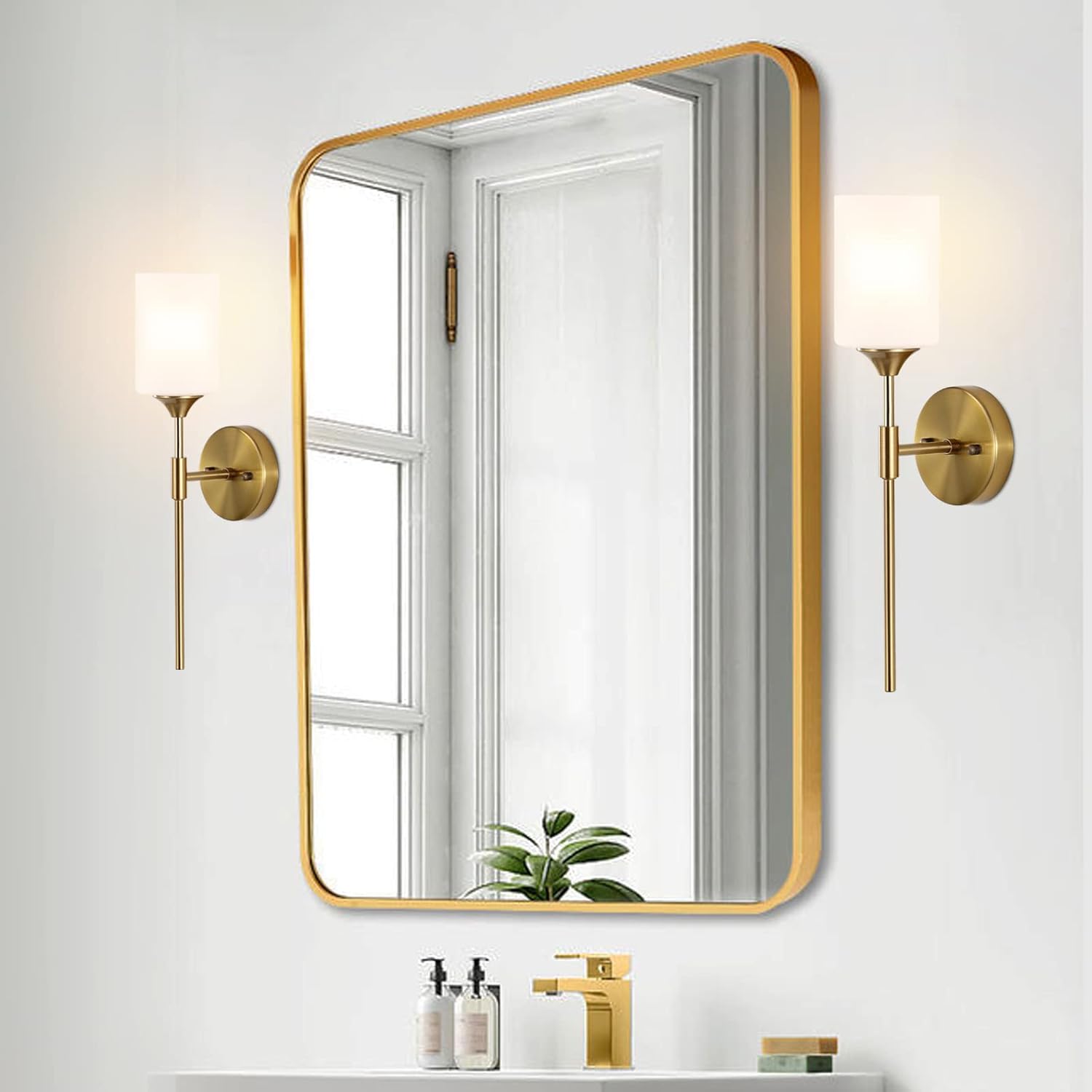 BYOLIIMA Gold Wall Sconce Set of 2 with White Cylinder Glass Shades Modern Mid Century Bathroom Vanity Wall Light Fixtures Industrial Brushed Brass Wall Lamp for Bedroom Mirror Living Room Restaurant