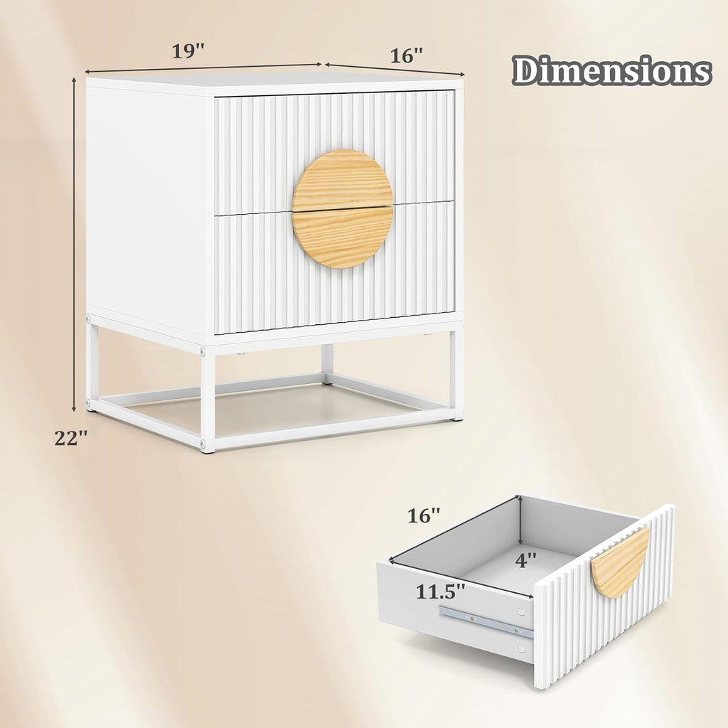 Giantex Fluted Nightstand with 2 Drawers Set of 2, White Wood Bedside Table with Natural Circle Handle & Metal Frame, Minimalist Accent End Table, Modern Mid Century Night Stand for Bedroom