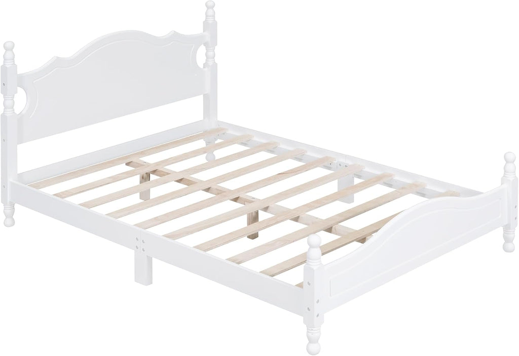 LUMISOL Vintage Full Size Spindle Bed Frame with Headboard, Mid-Century Platform Bed with Wood Slat Support for Bedroom, No Box Spring Needed, White