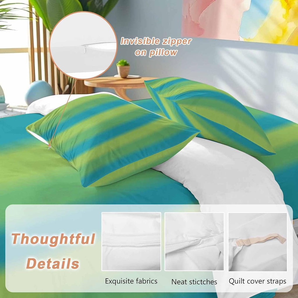 Green Blue Gradient Duvet Cover Set Queen Size 4 Pieces Color Striped Ombre Modern Minimalist Art Bedding Set with Zipper Closure, 1 Comforter Cover 92x106 Inches 1 Flat Sheet & 2 Pillow Cases