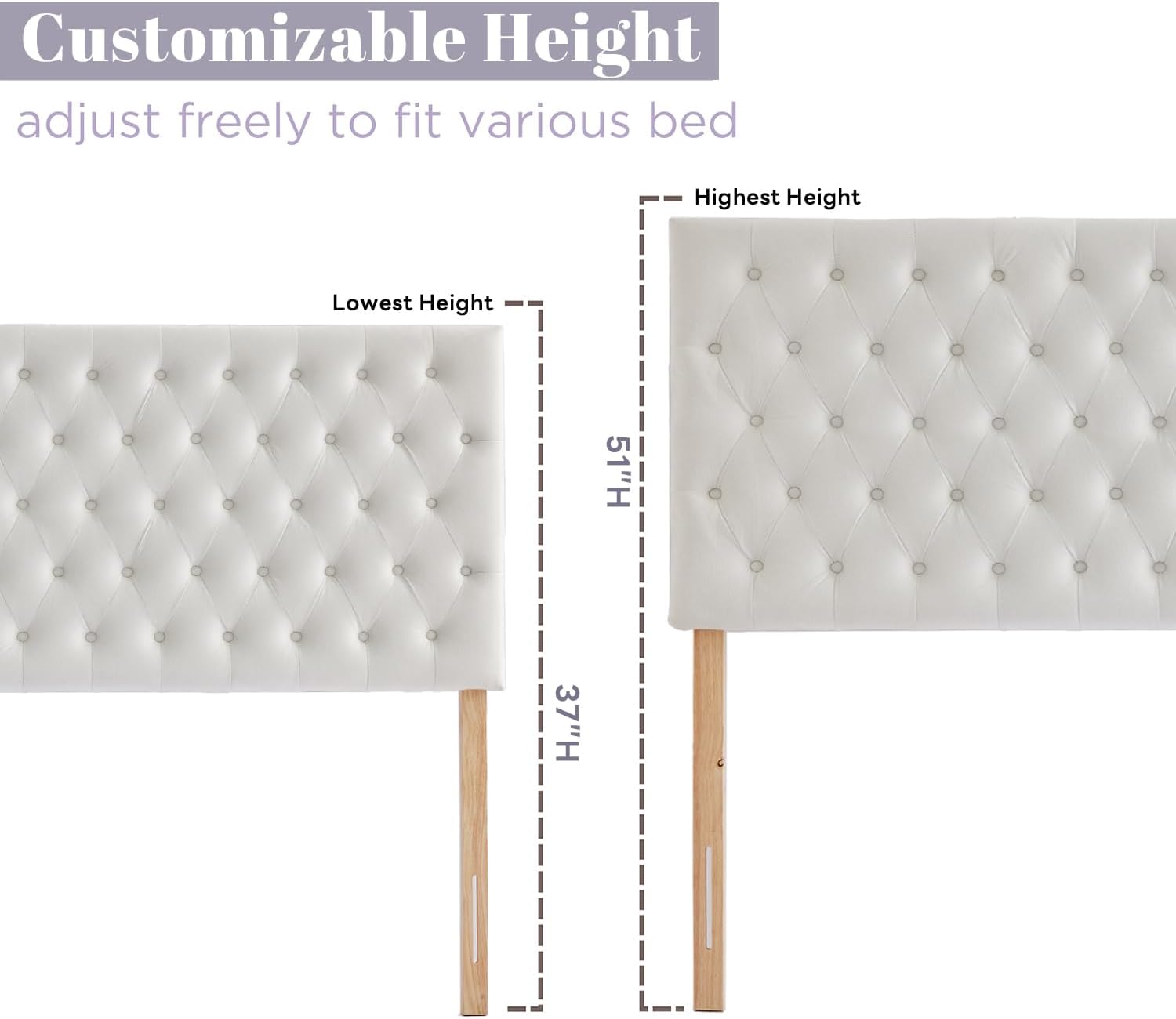 Kingfun Upholstered Queen Headboard Only, Premium Velvet Button Tufted Headboards, Adjustable Solid Wood Head Board, Padded Headboard with Solid Wood Legs in Bedroom (White)