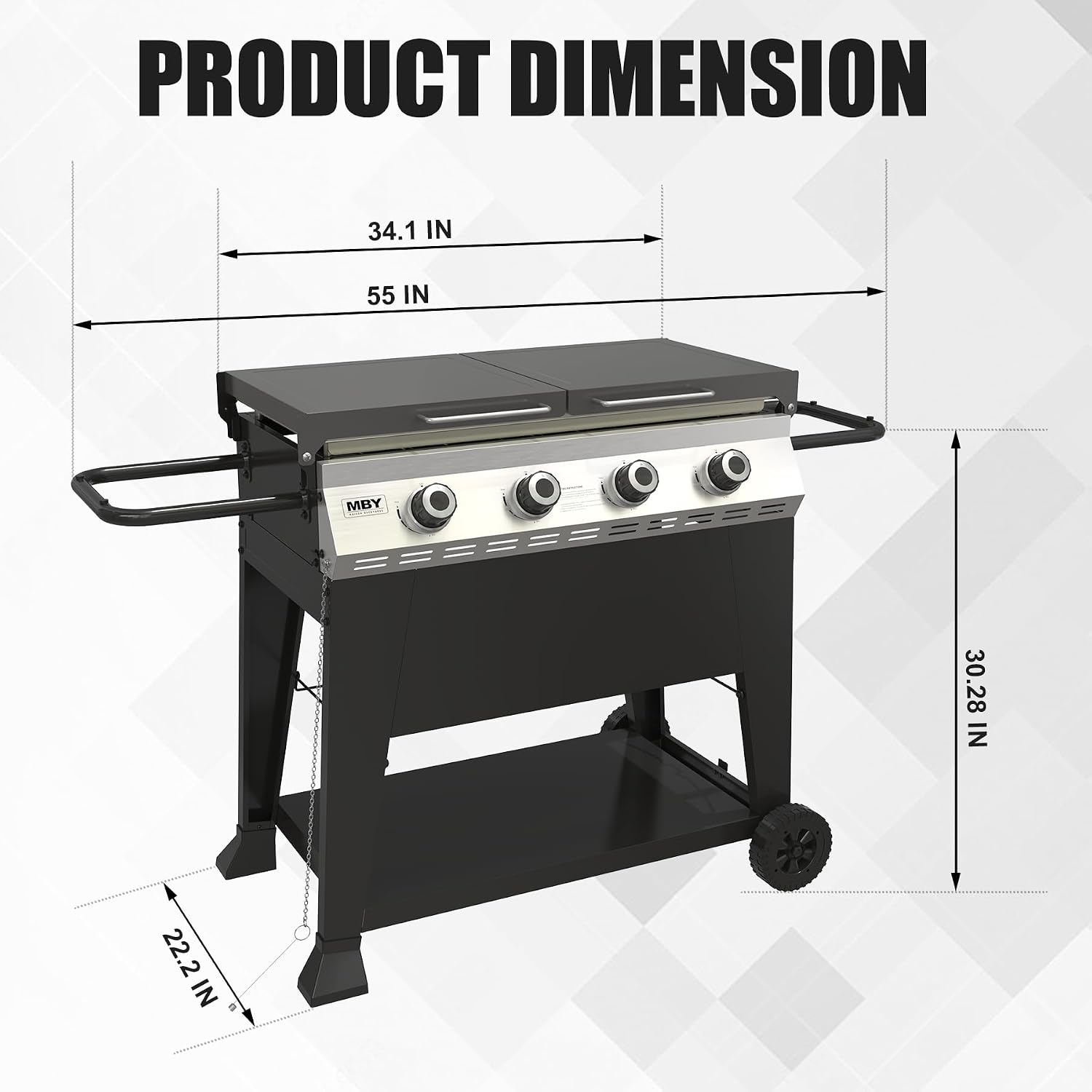 4 Burner Propane Grill with Rainproof Cover 32inch Outdoor Flat Top Griddle Foldable Side Table for Backyards Barbecue