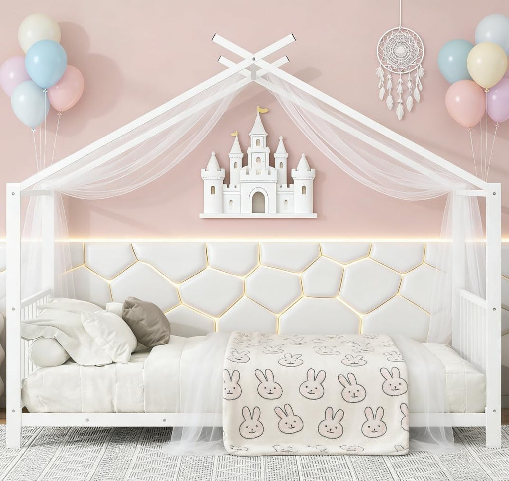Bellemave Twin Size House Floor BedFrame for Kids, Metal Montessori Beds with slats, Twin House Beds for Kids Girls Boys, Wash White