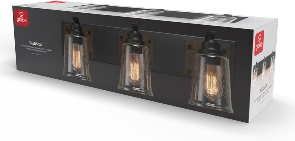 Globe Electric 51852 3-Light Vanity Light, Bathroom Wall Fixture, Matte Black and Dark Faux Wood Finish, Clear Seeded Glass Shades, E26 Base, Dimmable