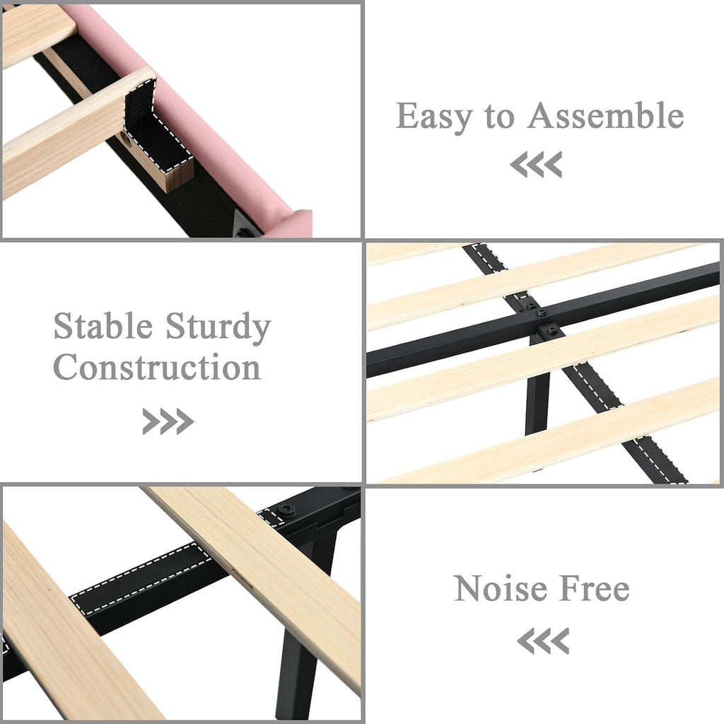 HOMBCK Full Size Bed Frame with Headboard, Upholstered Faux Leather Bed with Diamond Headboard, Pink Bed Frame Full with Footboard, No Box Spring Needed, Easy Assembly, Pink