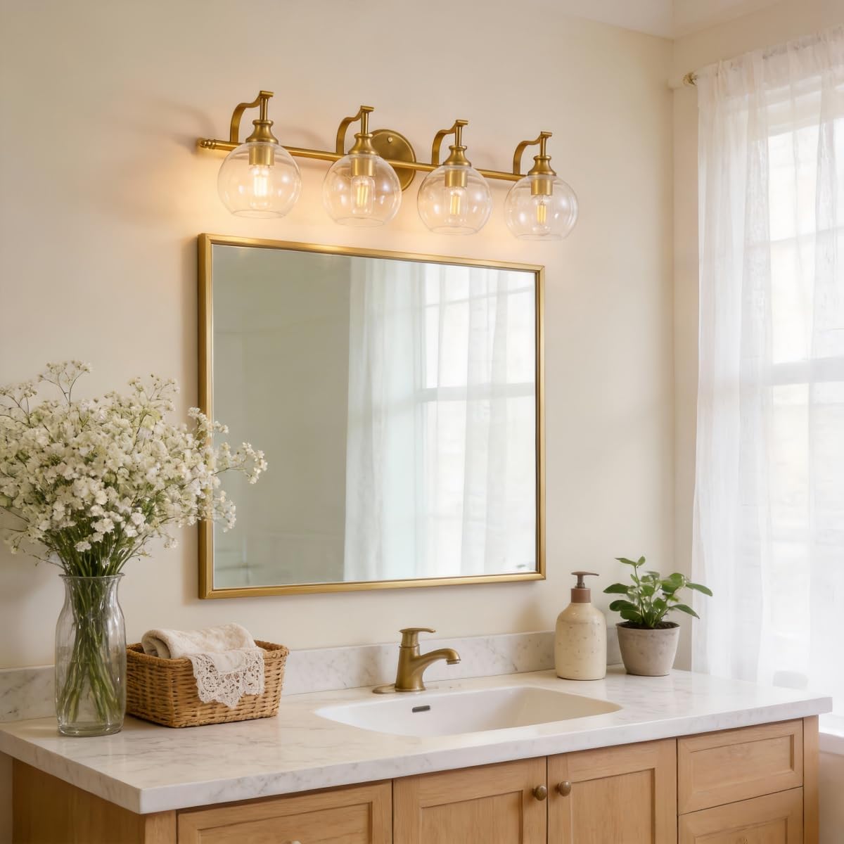 ANDY STAR Brass Vanity Light, Gold Bathroom Light Fixtures 4 Lights, 27.8 Inch Vintage Bathroom Sconces, Brushed Brass Vanity Lighting with Globe Clear Glass Shade, E26 Base (Bulbs Not Included)