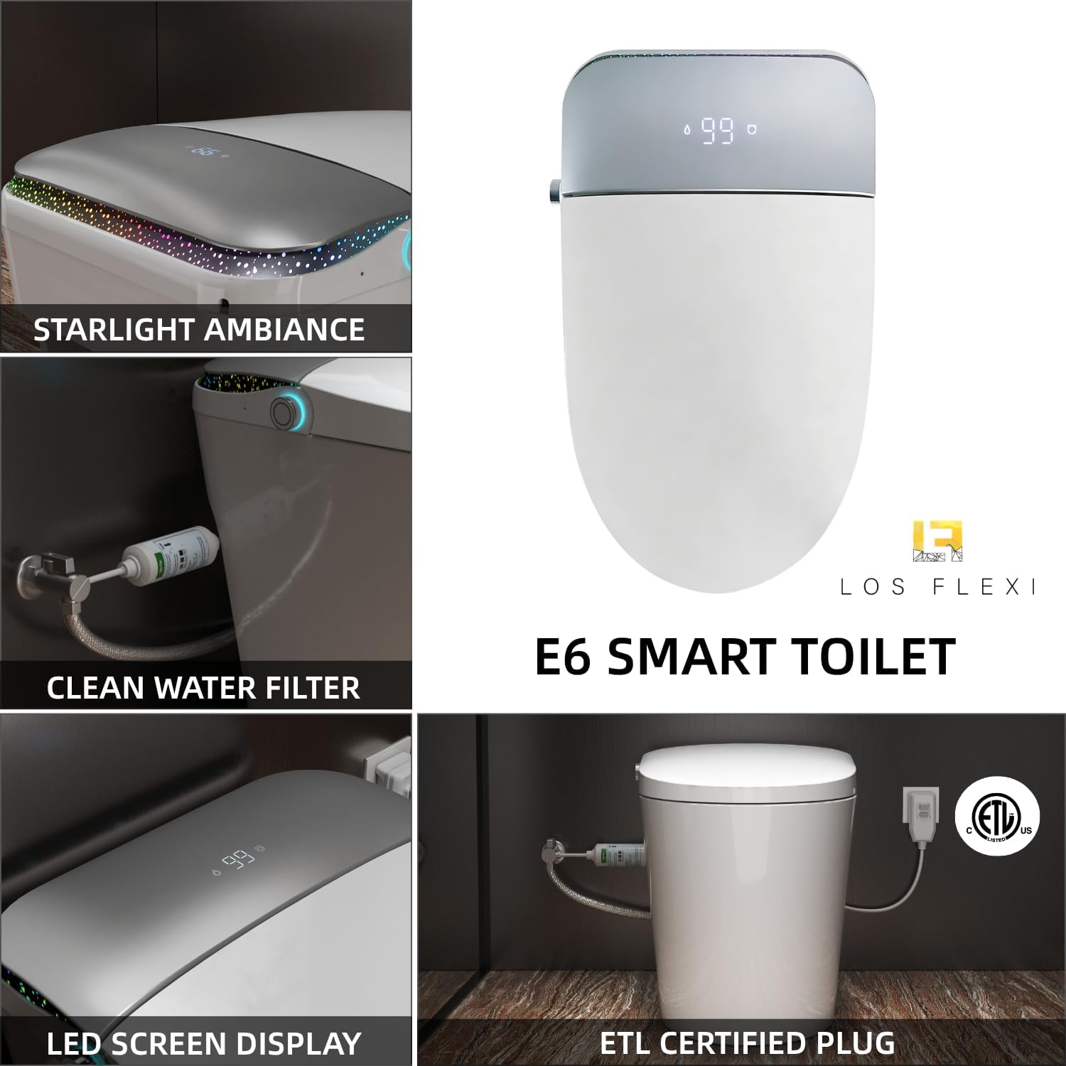 E6 Smart Toilet with Bidet, Built-In Tank for Low Water Pressure, Auto Open and Close Lid, Foot Sensor Flush, Instant Warm Water, Heated Seat, Warm Air Dryer, UV Nozzle Light, Remote Control