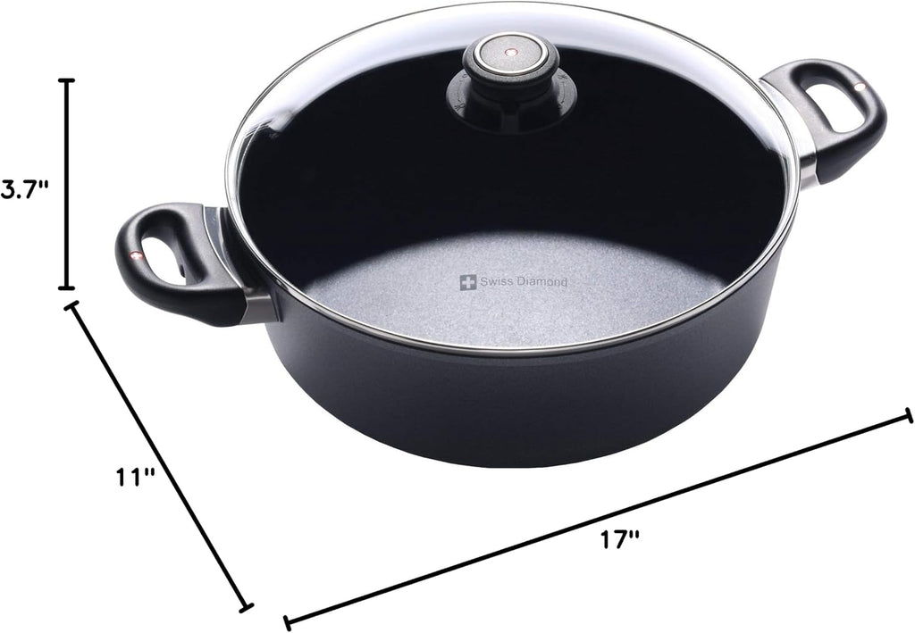 Swiss Diamond 11 Inch, 5.3 Quart Braiser Nonstick Induction Braiser with Lid - Dishwasher Safe and Oven Safe Aluminum Braiser