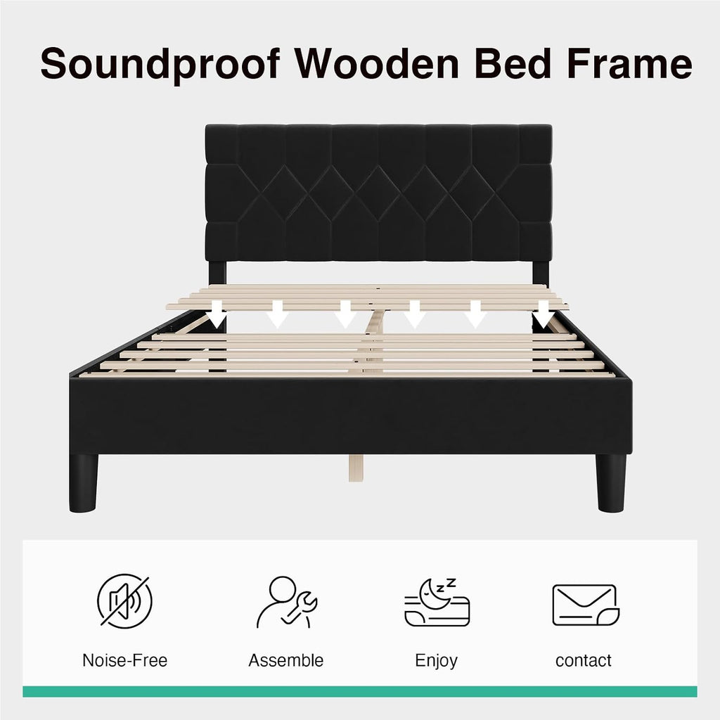 Novilla Full Size Bed Frame, Full Bed Frame with Headboard, Velvet Upholstered Pull-Point Headboard, No Box Spring Needed, Heavy Duty Feet, Easy Assembly, Black Velvet