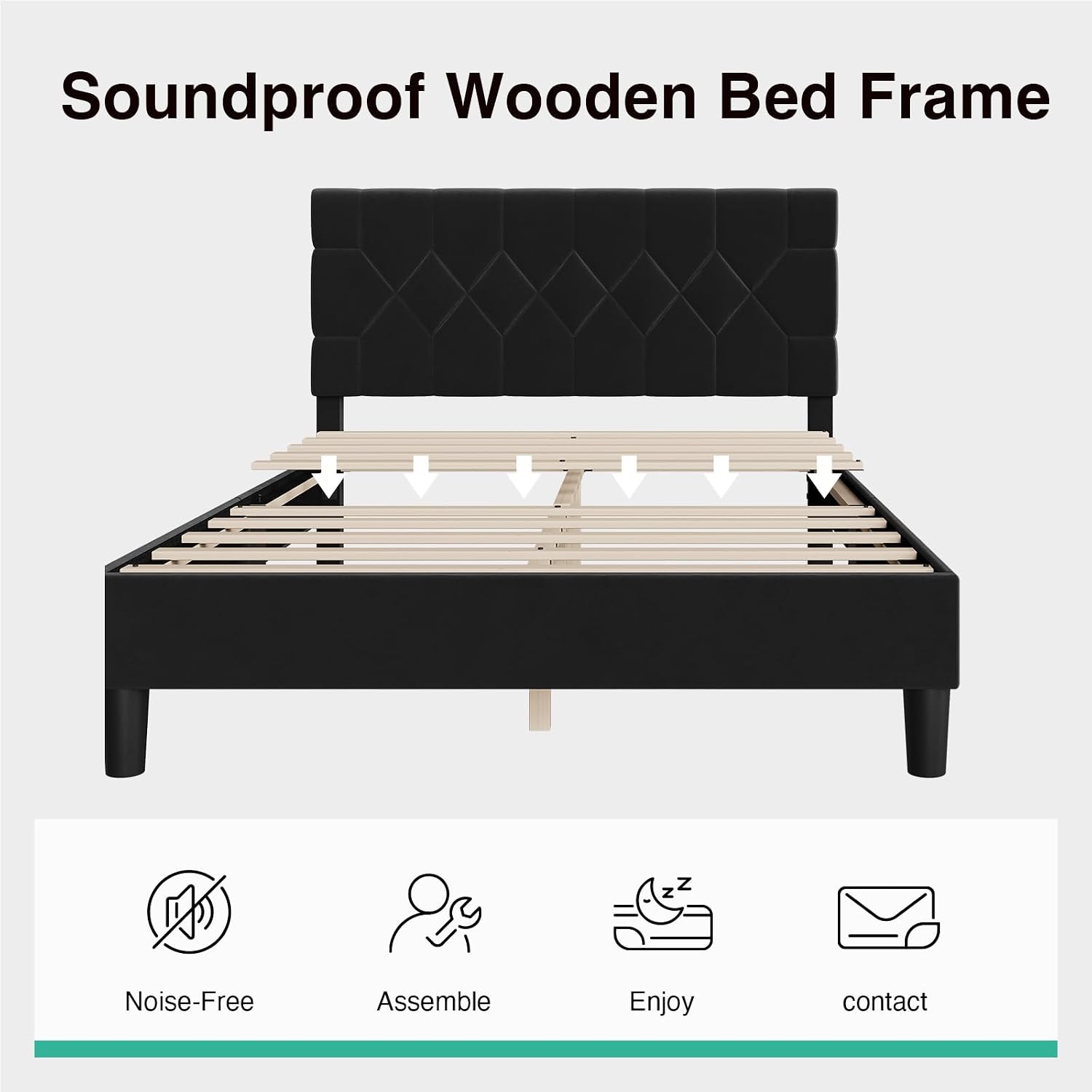 Novilla Full Size Bed Frame, Full Bed Frame with Headboard, Velvet Upholstered Pull-Point Headboard, No Box Spring Needed, Heavy Duty Feet, Easy Assembly, Black Velvet