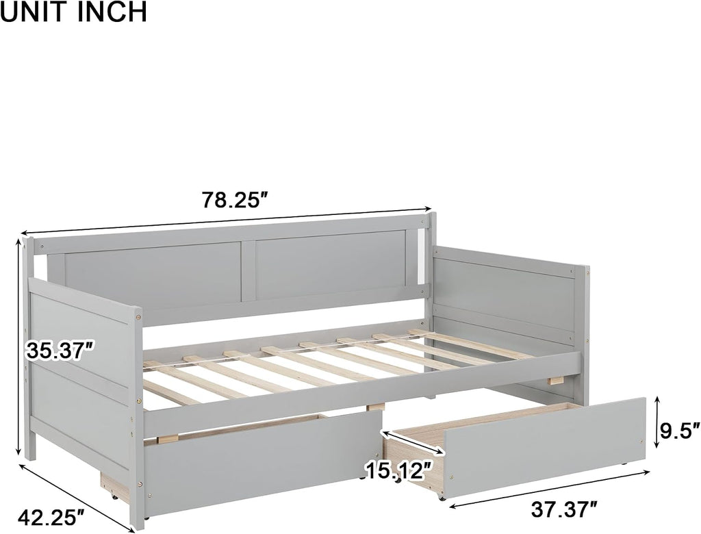 Bellemave Twin Size Kids Bed with 2 Storage Drawers, Wood Twin Daybed with Storage, BedFrames for Kids, Adults, Gray