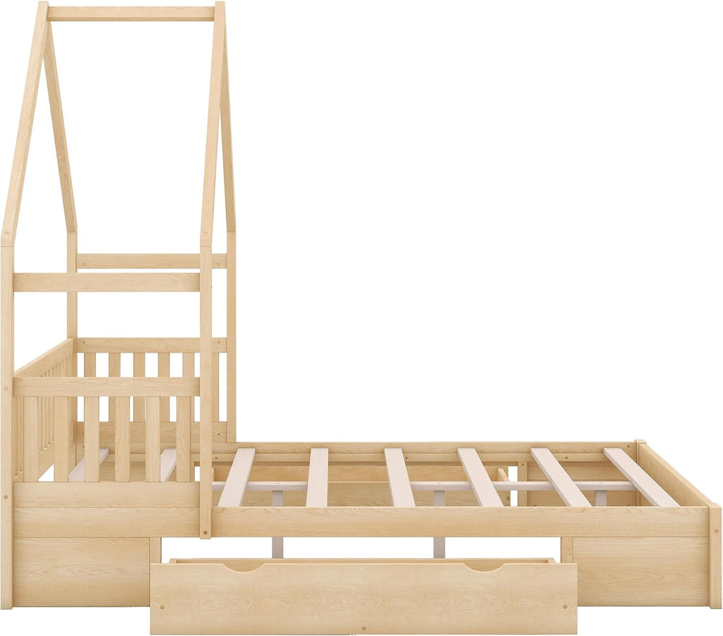 VilroCaz Wood Queen Size House Platform Bed with Safety Fence, Montessori Platform Bed with House Shape Headboard and 2 Drawers for Kids Boys Girls, Sturdy Slats Support (Natural-Q)