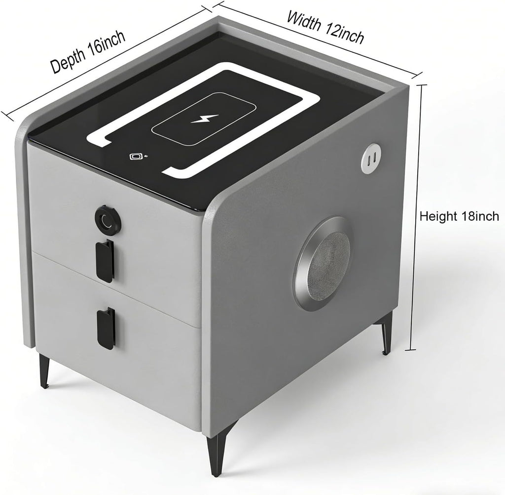 Night Stand Set 2, Grey Nightstand with Charging Station & Hutch, Night Stands for Bedrooms Set of 2, Bedside Table with Drawers and Bluetooth Speaker
