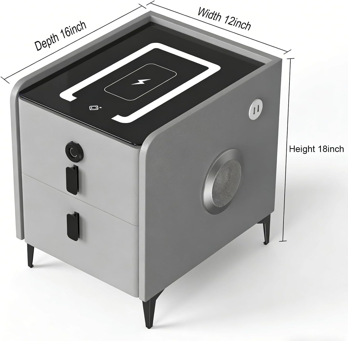 Night Stand Set 2, Grey Nightstand with Charging Station & Hutch, Night Stands for Bedrooms Set of 2, Bedside Table with Drawers and Bluetooth Speaker
