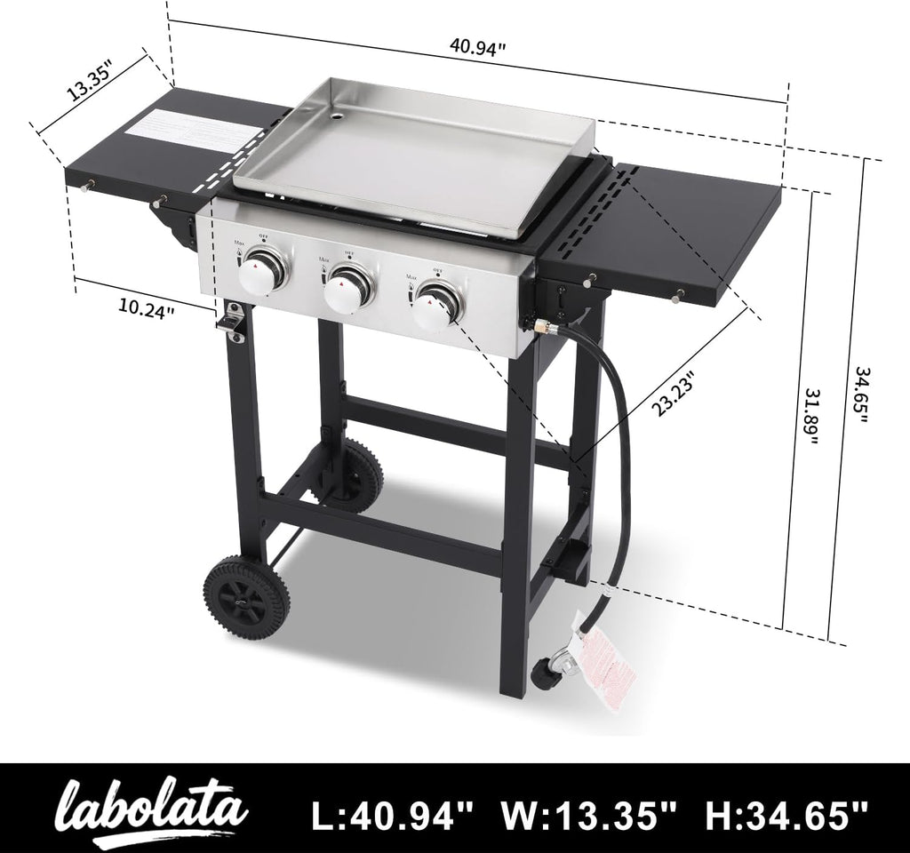 Flat Top Gas Griddle Grill with Stainless Steel Griddle, Includes Dust Cover & Regulator, Perfect for Camping & Tailgating (3-Burner)