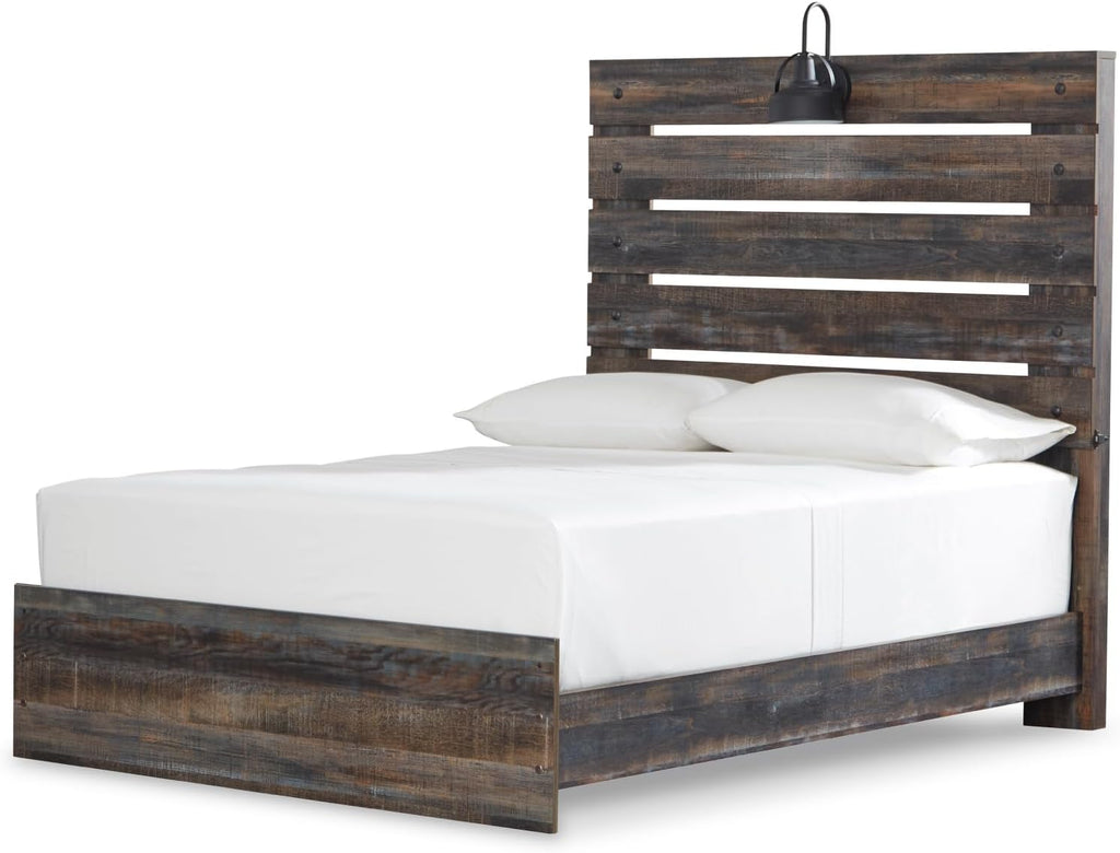 Signature Design by Ashley Drystan Rustic Full Panel Bed, Sconce LED Lights, USB Ports and Nailheads, Foundation or Box Spring Needed, Dark Brown & Gray