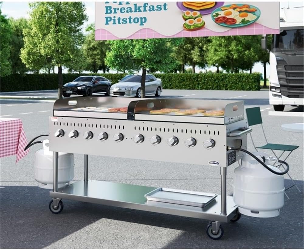 Pemberly Row 72' Stainless Steel Commercial Outdoor Propane Grill – 10 Burners, Dual Griddles, Heavy Duty BBQ Gas Grill