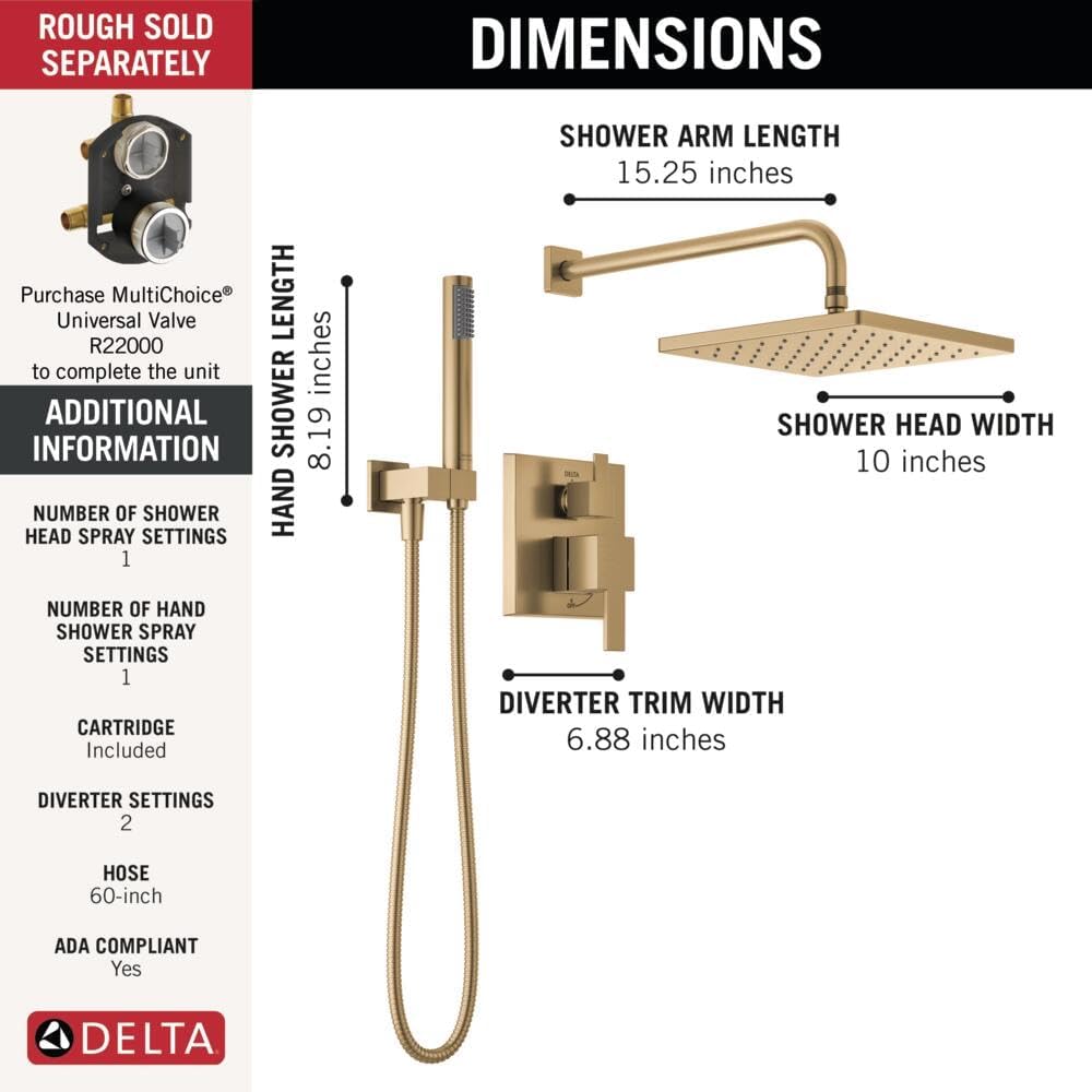 Delta Modern 14 Series Square Rain Shower System Faucet Set, Rainfall Brushed Gold Shower Head and Handle Set, Valve Trim Kit, 10 Inch, Champagne Bronze T342701-CZ (Valve Not Included)