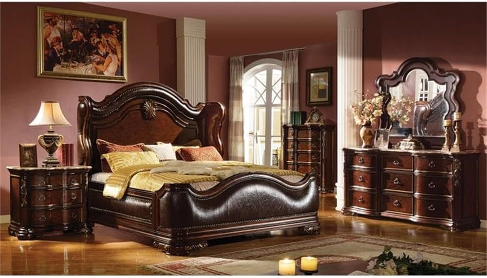Pemberly Row Traditional Queen Bedroom Set, 4-Piece Wood Construction, Dark Walnut Finish, Upholstered Wing Headboard, Felt-Lined Drawers, Marble Tops, Beveled Mirror, Perfect for Elegant