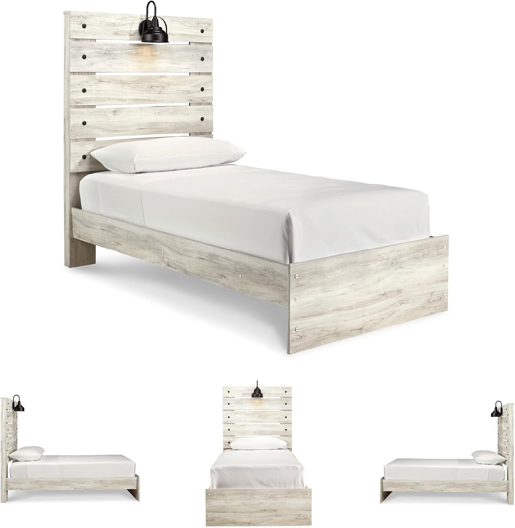 Signature Design by Ashley Cambeck Farmhouse Twin Panel Bed with Sconce Light and USB Ports, Foundation or Box Spring Needed, Whitewash