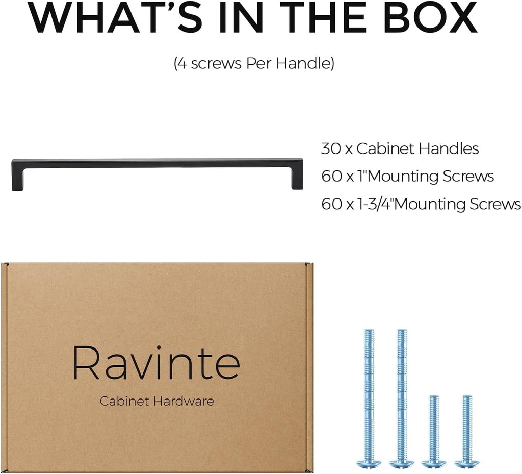 Ravinte 30 Pack 10-inch Hole Centers Matte Black Cabinet Pulls - Solid Zinc Alloy Square Bar Handles for Kitchen Cabinets & Drawers