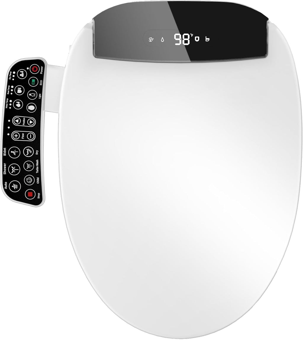 Electric Heated Bidet Toilet Seat with Warm Air Dryer, Toilet Seat with LED Display and Multiple Cleaning Modes (Elongated-White)