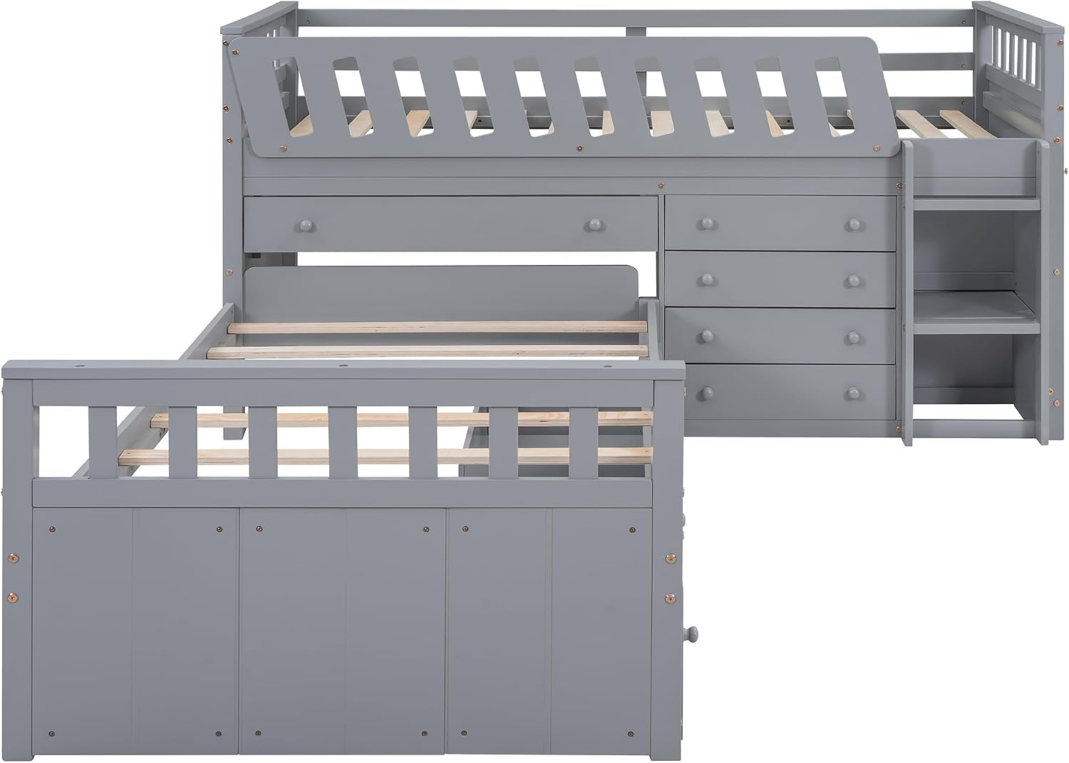 L-shaped Twin Low Loft Bed with Twin Platform Bed, Solid Wood Kids Beds Frame with 7 Drawers and Full Guardrails for Boys Girls, 2 Beds in 1 Design (Gray-L2B)