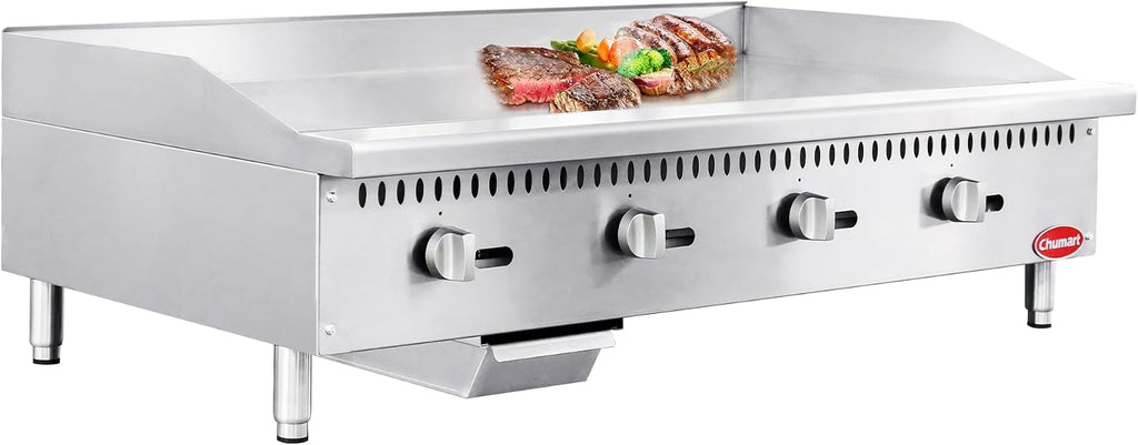 48' Commercial Countertop Griddle, 4 Burners Gas Griddle, 120000 BTU Output, Stainless Steel Flat Top Grill Hot Plate with Natural Gas and Propane Conversion Kit for Restaurant, Food Truck