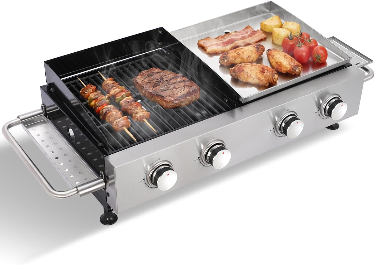 CIG GARDEN 2-Burner Propane Gas Grill & Plancha Combo, 38,200 BTU Outdoor BBQ with Cast Iron Grates - Portable Grill for Backyard, Balcony, Camping