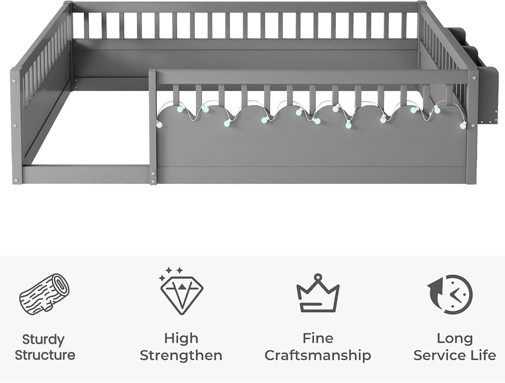 Montessori Floor Bed with High Rails,Full Size Floor Bed Frame for Kids, LED Lights & Storage Shelf, Safe & Wider Opening Gate Design, Playground & Sleep Space for Girls Boys,Grey