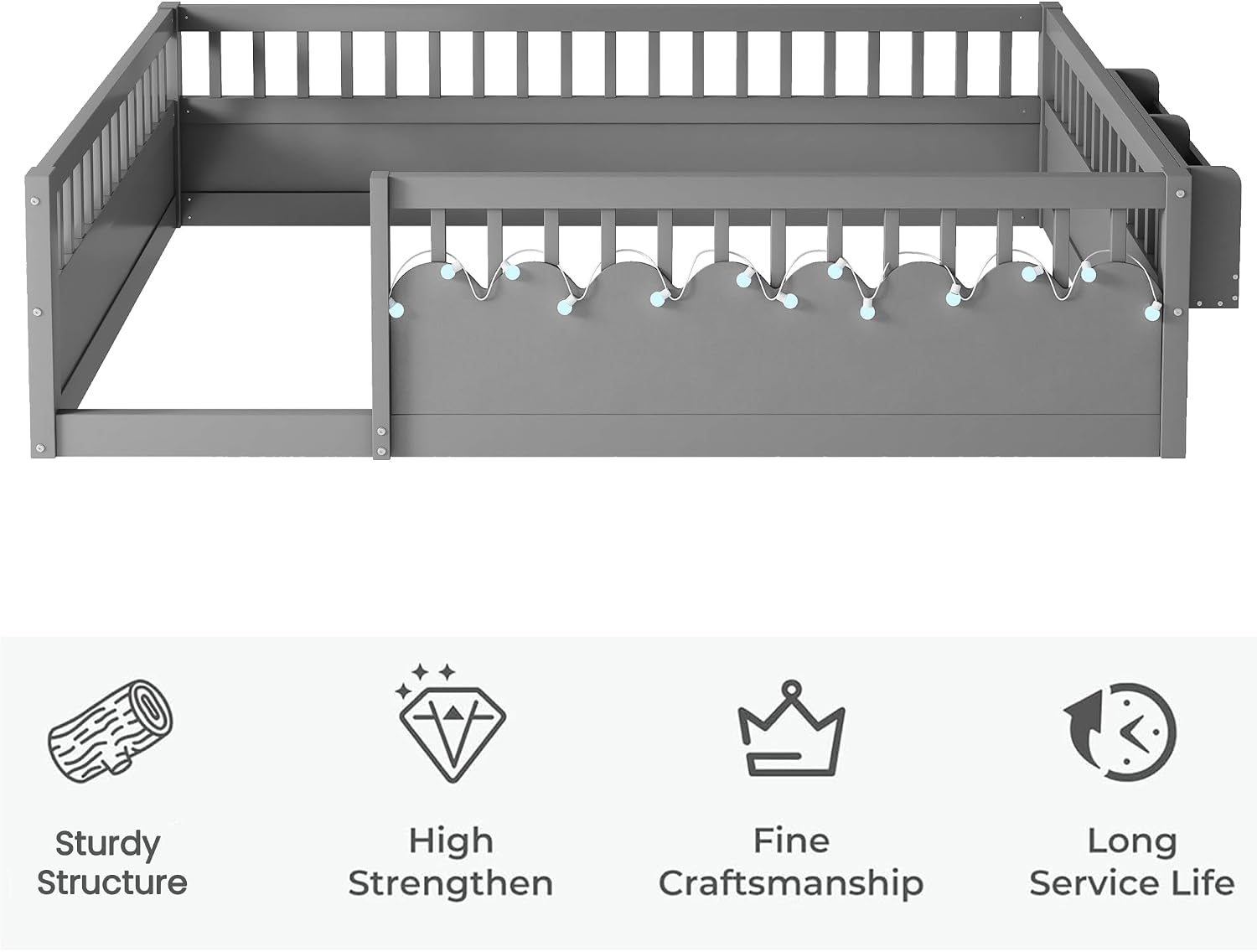 Montessori Floor Bed with High Rails,Full Size Floor Bed Frame for Kids, LED Lights & Storage Shelf, Safe & Wider Opening Gate Design, Playground & Sleep Space for Girls Boys,Grey