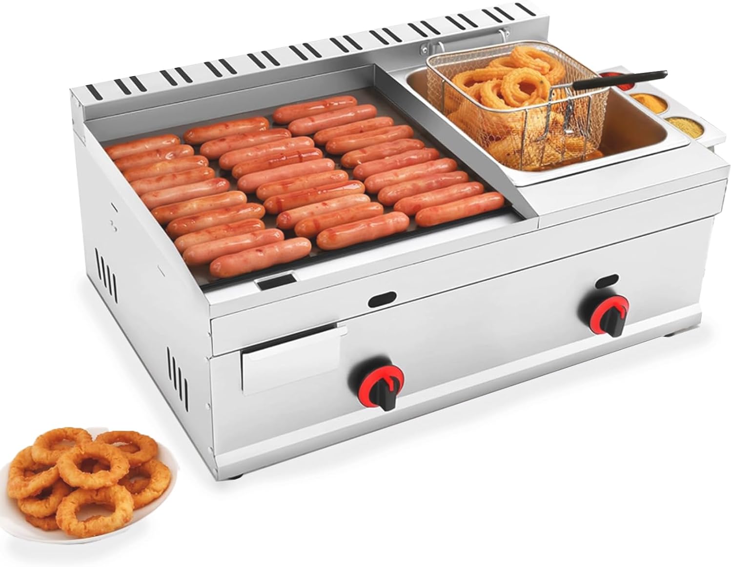 2-in-1 Commercial Propane Deep Fryer with Griddle, 6.34QT Stainless Steel Gas Propane Flat Top Grill Griddle with Removable Basket Countertop Fryer with Temperature Control for Restaurant Home Kitchen