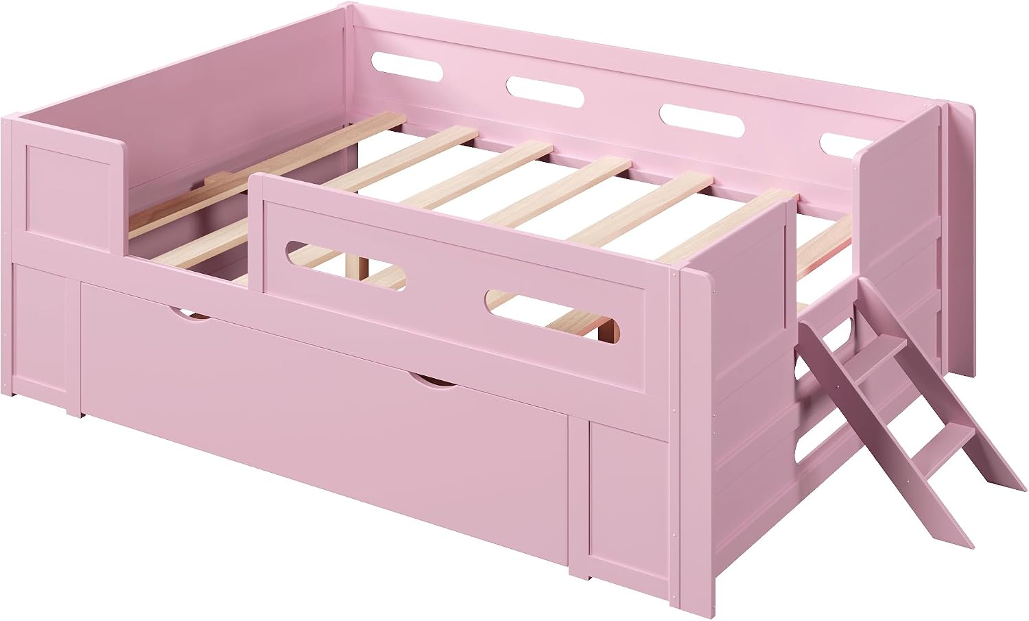 VilroCaz Modern Full Size Platform Bed with Guardrail and Large Drawer, Wood Kids Platform Bed Frame with Two-Step Ladder for Boys Girls, Sturdy Slats Support (Pink-1.12F)