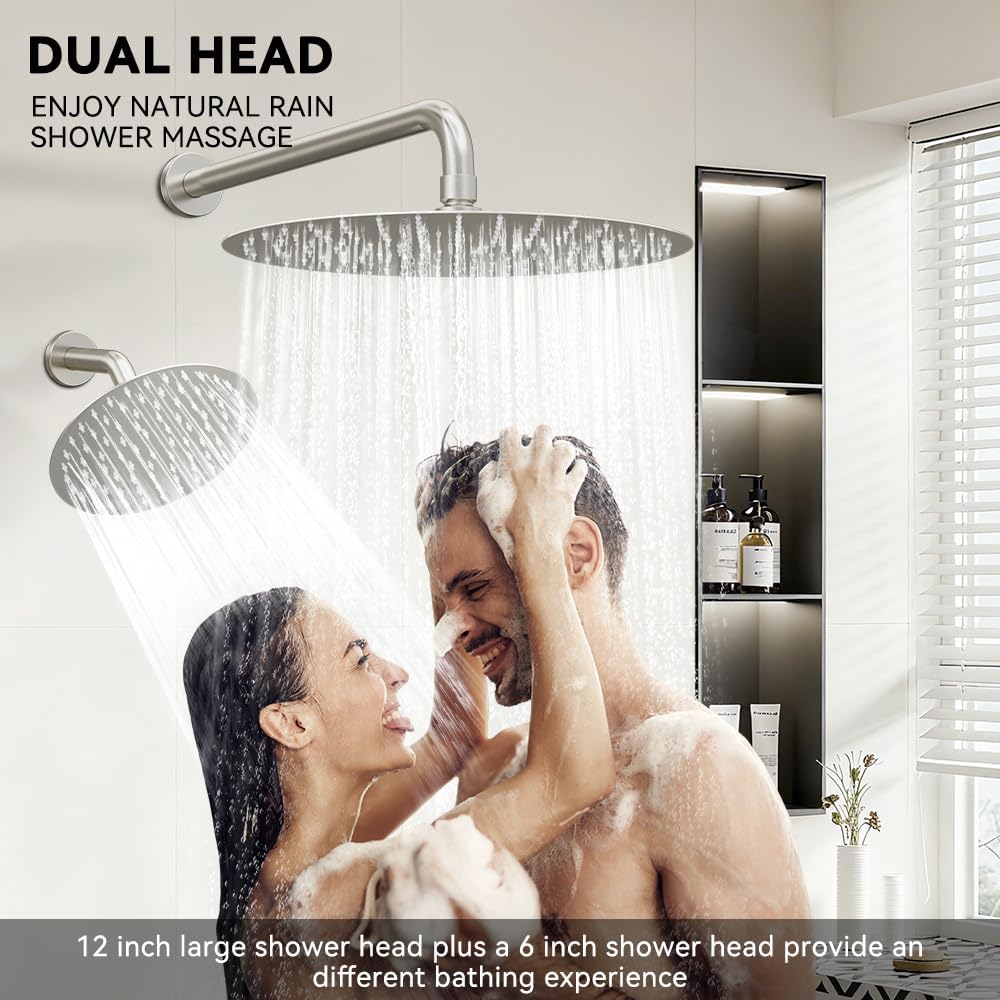 Shower Systems STARBATH 12+6' Round Dual Rainfall Shower Head with Handheld Spray for Two People, Wall Mounted 3 Way Rain Shower Faucet Sets Complete, Included Valve and Trim Kit, Brushed Nickel