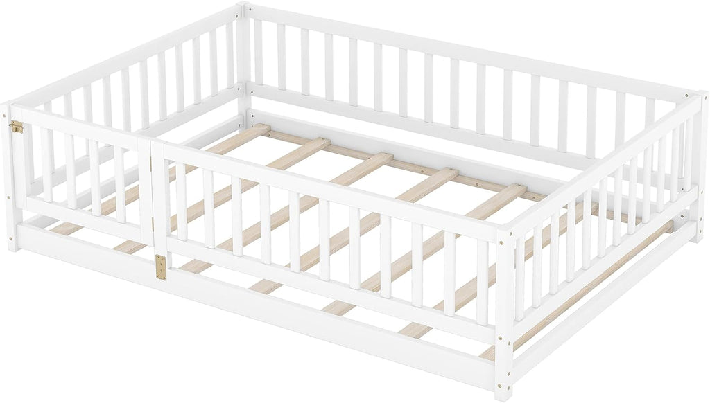 Platform Bed with Fence and Doors,Wood Floor Bed Frame for Bedroom,No Box Spring Needed (White, Full)