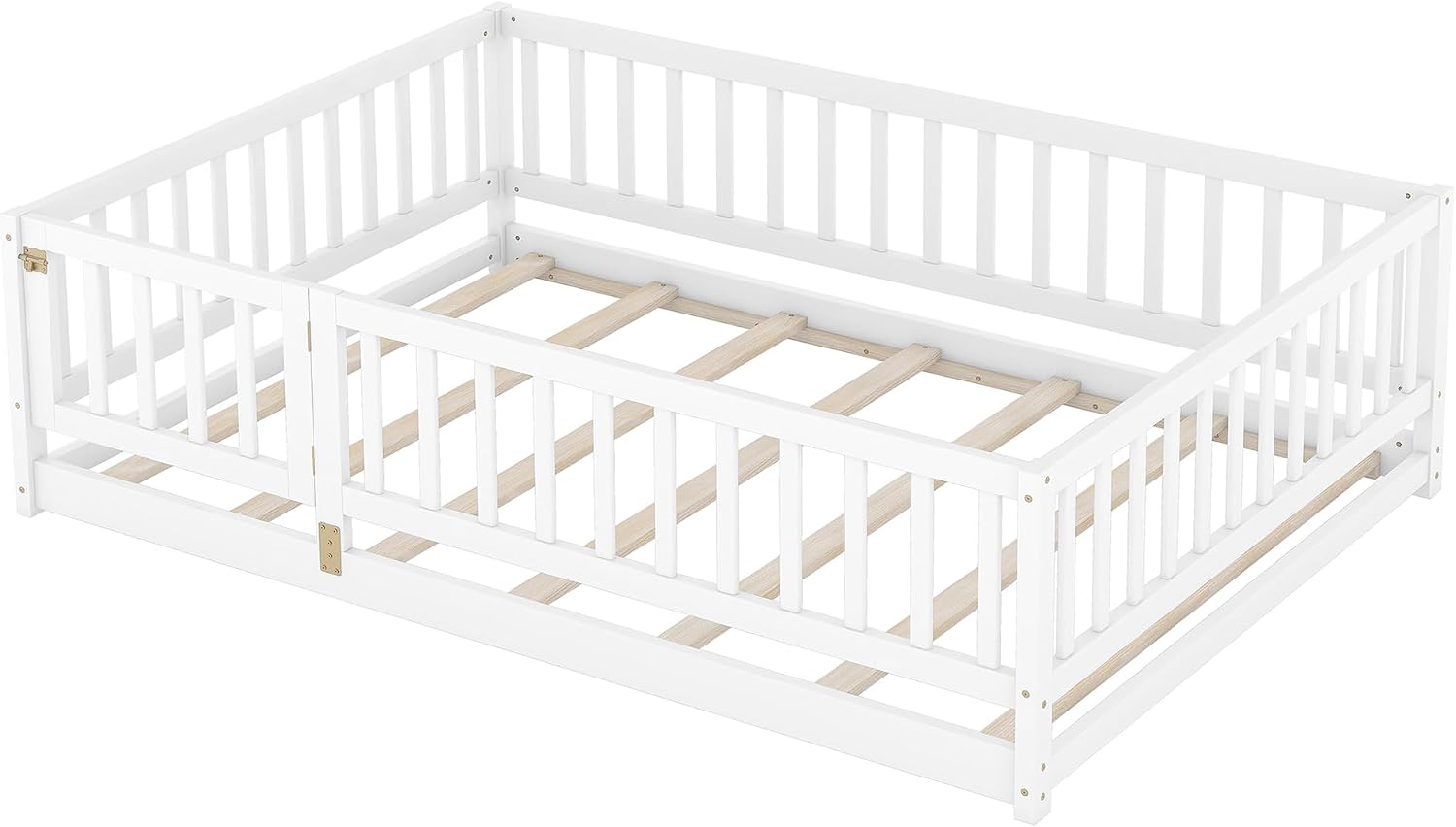 Platform Bed with Fence and Doors,Wood Floor Bed Frame for Bedroom,No Box Spring Needed (White, Full)
