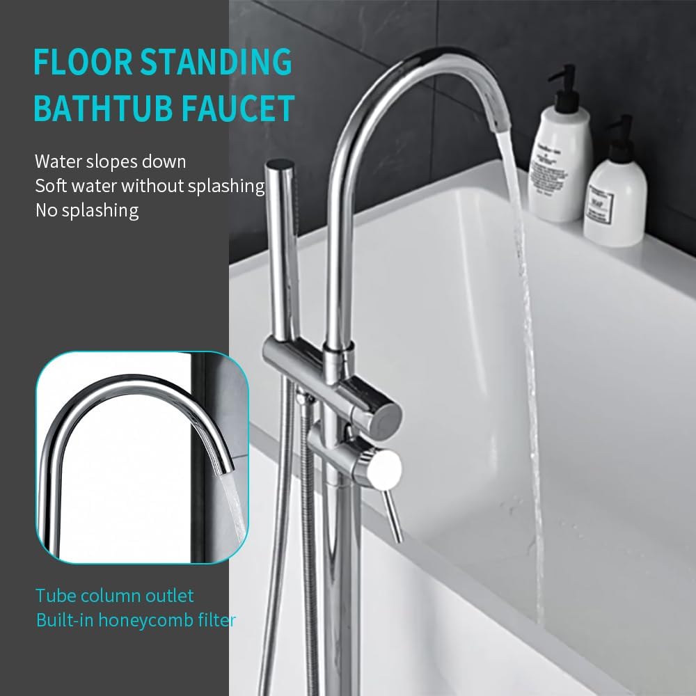 Floor Mount Bathtub Faucet, Freestanding Tub Filler, Standing Swivel Spout Shower Faucets Shower Mixer Taps with Cylinder Handheld Shower (Chrome, With Embedded Box)