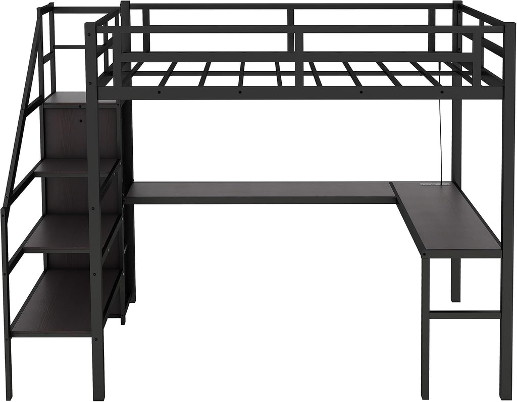 Ball & Cast Twin XL Size High Loft Bed with LED Light Strip & USB,Metal Bedframe W/L-Shape Desk & Built-in Storage Staircase,Wardrobe & Adjustable Shelf,Bedroom Furniture Set for Kid Teen Adult,Black