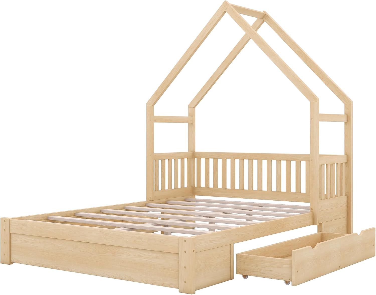 VilroCaz Wood Queen Size House Platform Bed with Safety Fence, Montessori Platform Bed with House Shape Headboard and 2 Drawers for Kids Boys Girls, Sturdy Slats Support (Natural-Q)