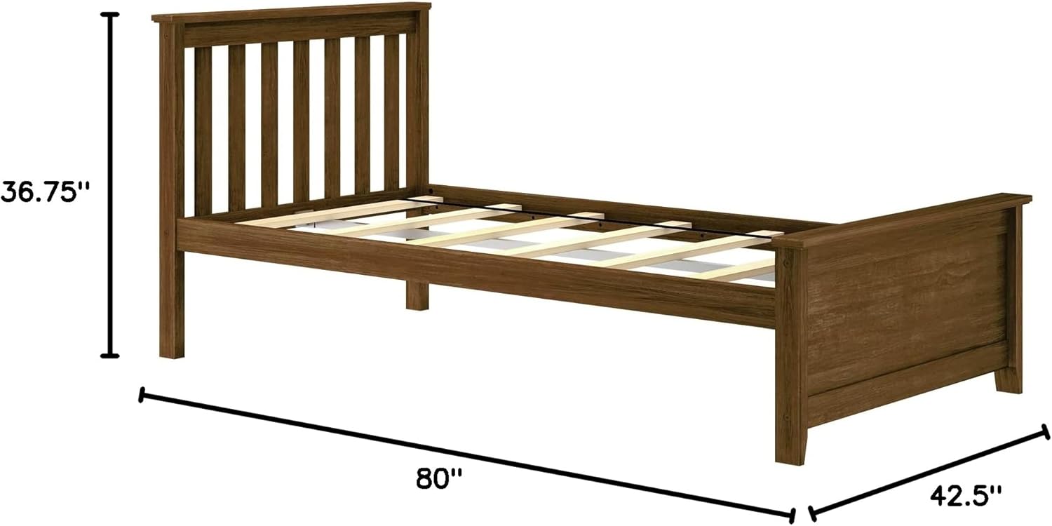 Max & Lily Twin Bed Frame with Slatted Headboard, Solid Wood Platform Bed for Kids, No Box Spring Needed, Easy Assembly, Walnut