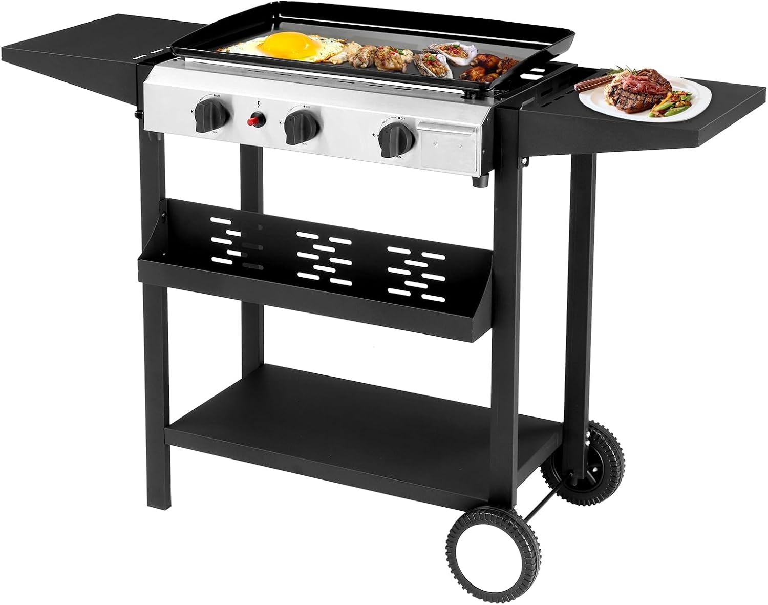 Flat Top Propane Grill, 3-Burner with Removable Griddle, 30,000 BTU, 2-Wheel Stand