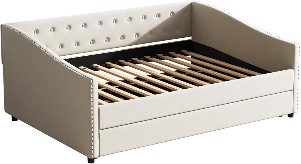 Upholstered Daybed with Trundle, Full Size Day Bed w/Button-Tufted Back and Piping on Waved-Shape Arms for Bedroom or Guest Room, No Box Spring Required,Beige
