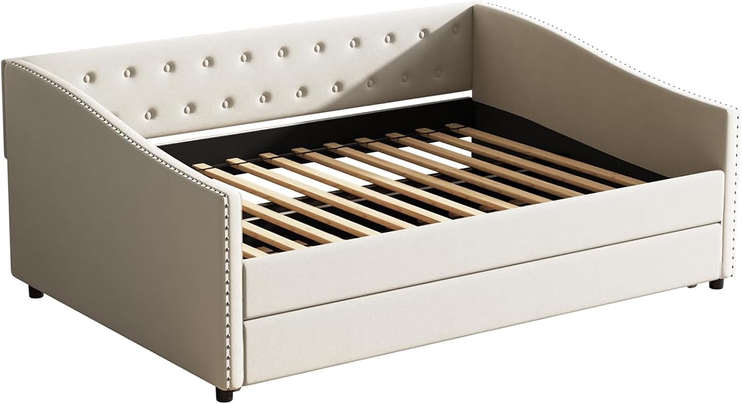 Upholstered Daybed with Trundle, Full Size Day Bed w/Button-Tufted Back and Piping on Waved-Shape Arms for Bedroom or Guest Room, No Box Spring Required,Beige