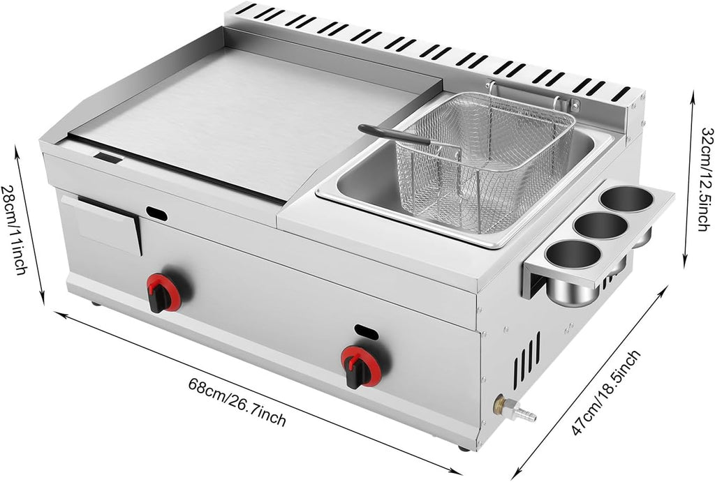 Commercial Propane Deep Fryer and Flat Top Griddle, Stainless Steel Countertop Griddle with Frying Basket Seasoning Box and Temp Control, 1.59Gal Tank Deep Fryer for Canteen Food Street Restaurant Etc