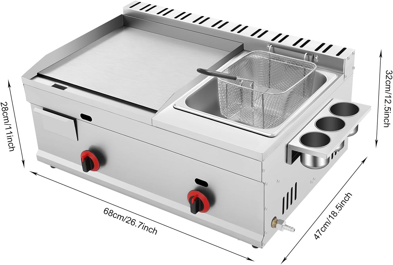 Commercial Propane Deep Fryer and Flat Top Griddle, Stainless Steel Countertop Griddle with Frying Basket Seasoning Box and Temp Control, 1.59Gal Tank Deep Fryer for Canteen Food Street Restaurant Etc