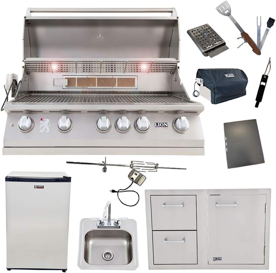 Lion 40-Inch Natural Gas Grill L90000 with Refrigerator and Door and Drawer Combo and Drop-In Sink with and 5 in 1 BBQ Tool Set Best of Backyard Package Deal