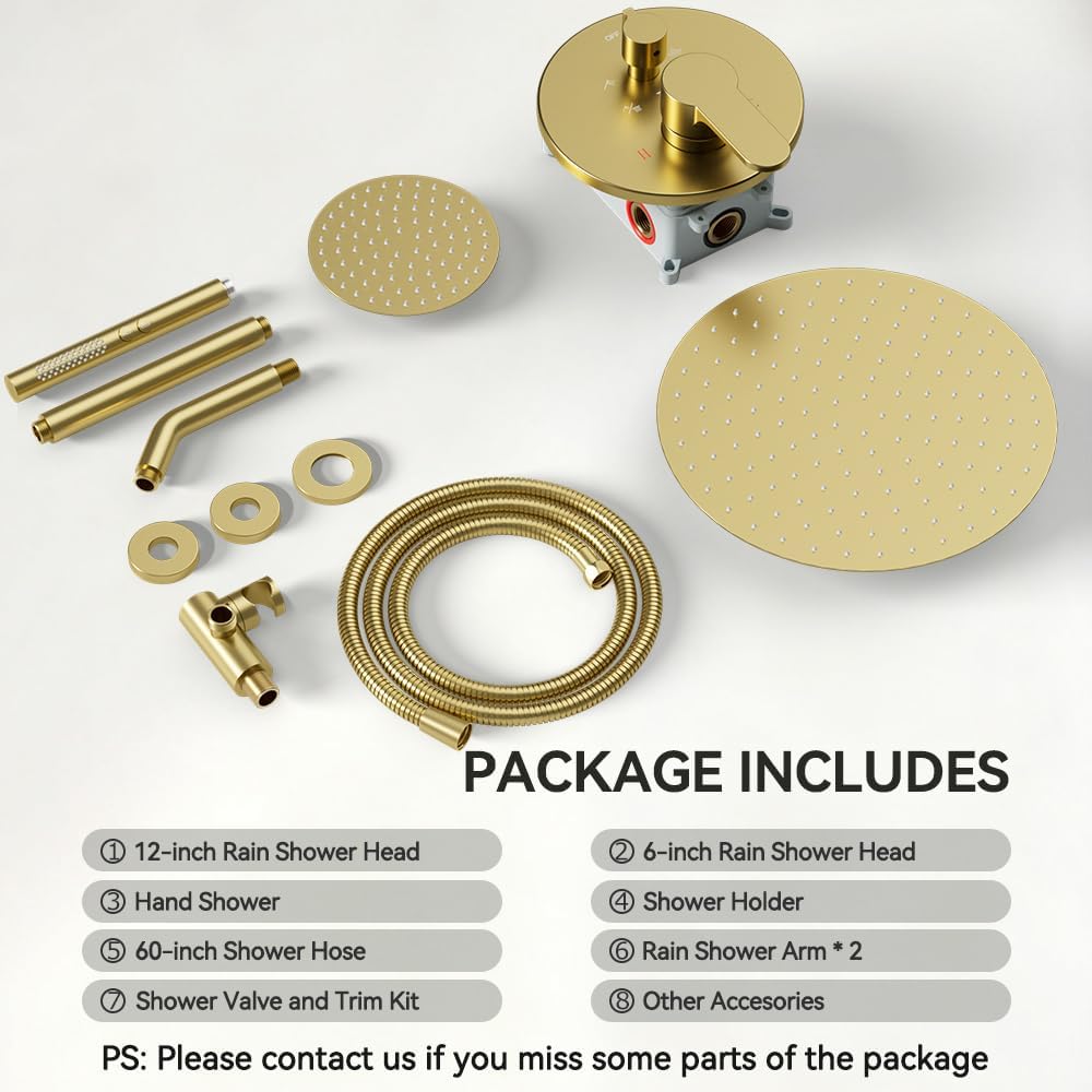 Shower Systems Shower Faucet Sets STARBATH 3 Way 12+6' Round Dual Rainfall Shower Head with Handheld Spray Combo, Ceiling Mounted Rain Shower Valve with 5 Diverter and Trim Kit Complete, Brushed Gold