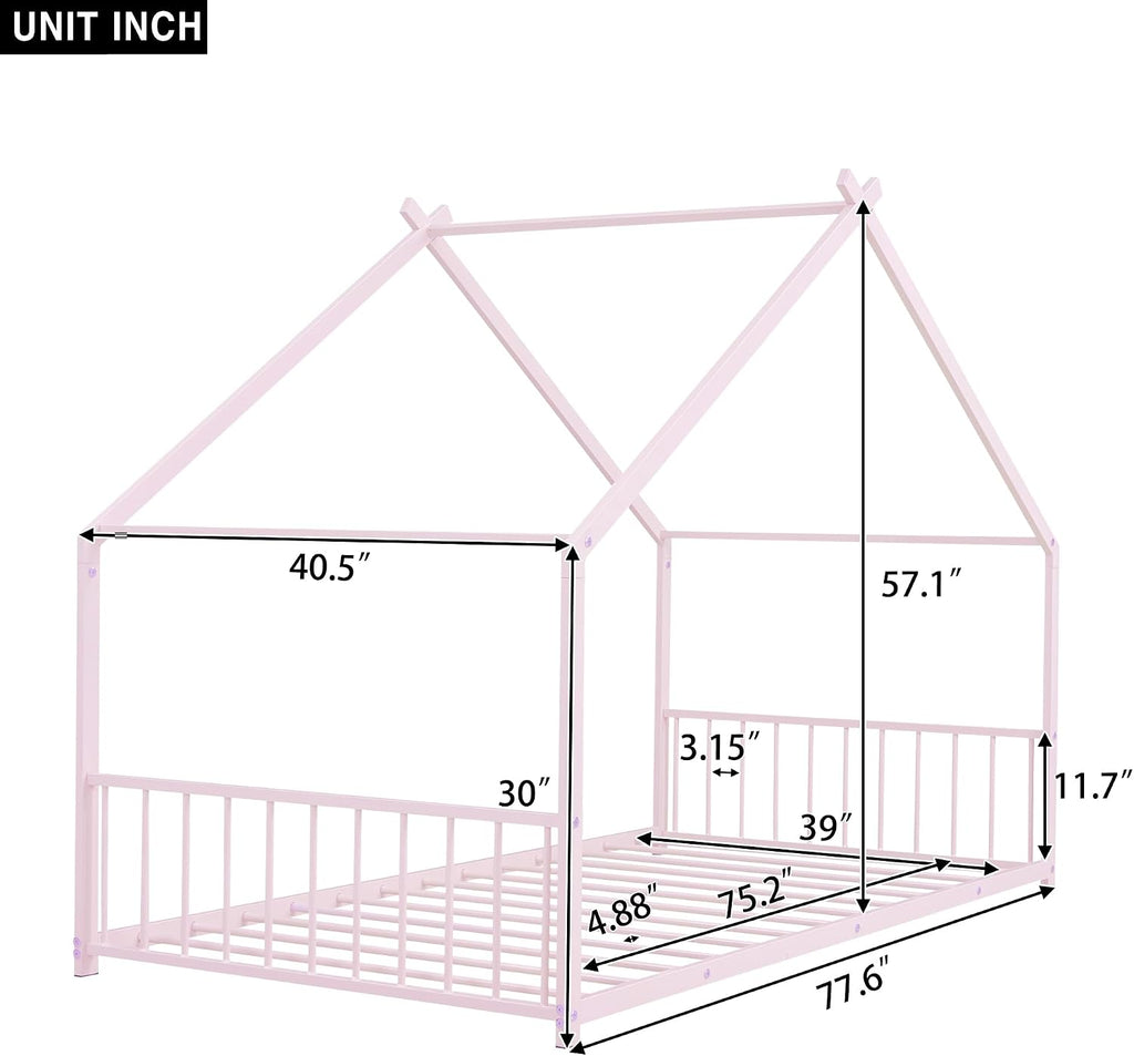 Bellemave Twin Floor BedFrame with Slats for Kids, Metal Montessori Floor Beds, Twin House Bed for Kids, Pink with roof