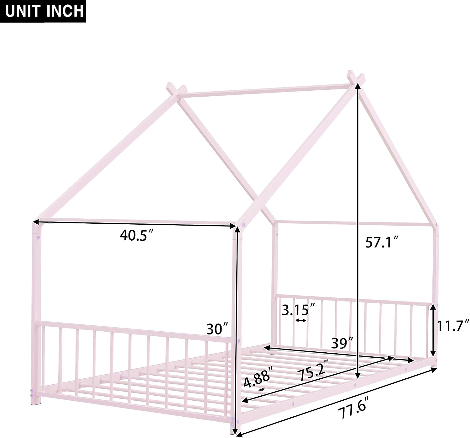 Bellemave Twin Floor BedFrame with Slats for Kids, Metal Montessori Floor Beds, Twin House Bed for Kids, Pink with roof